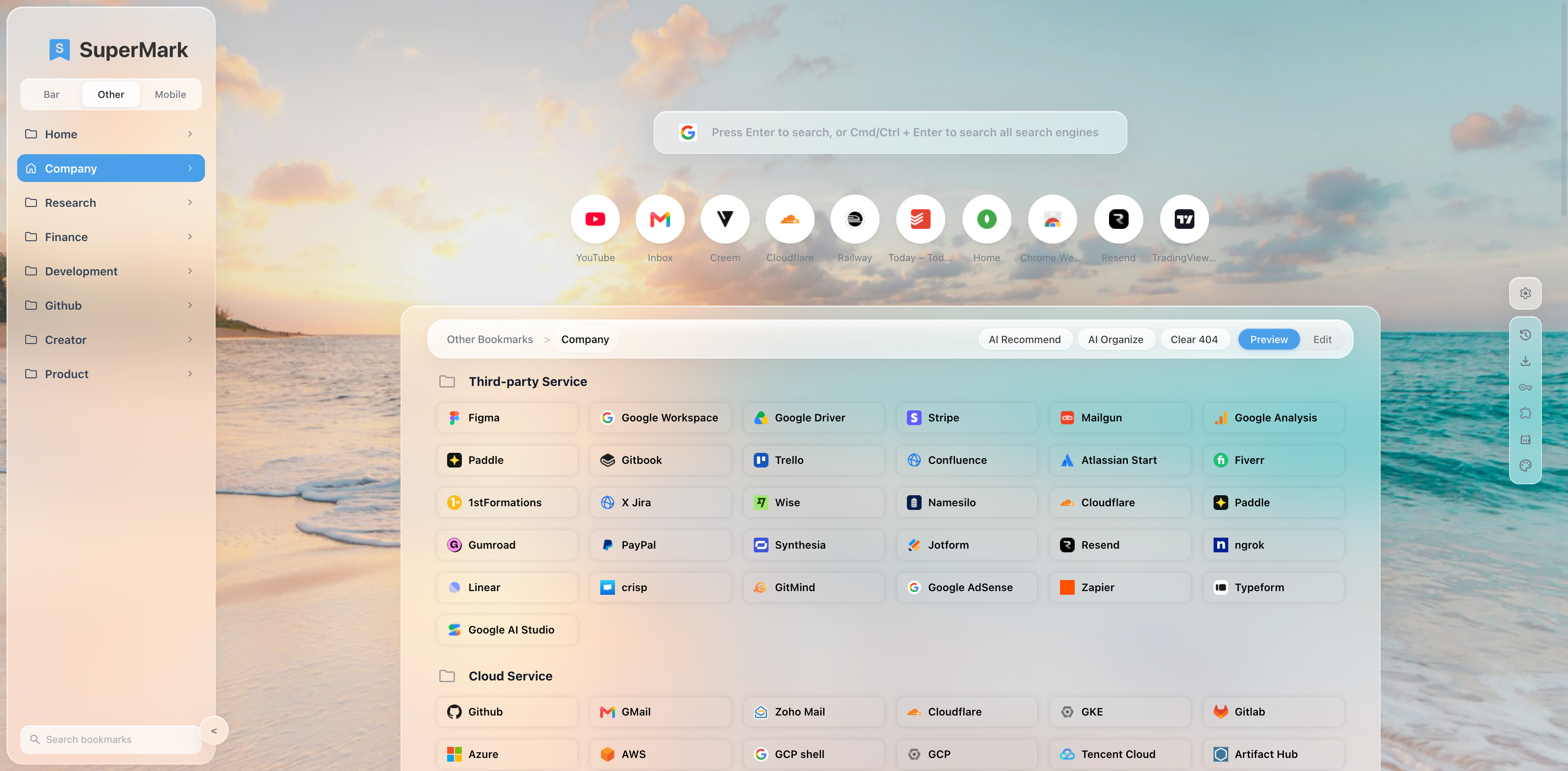 SuperMark home — bookmark folders on the new tab