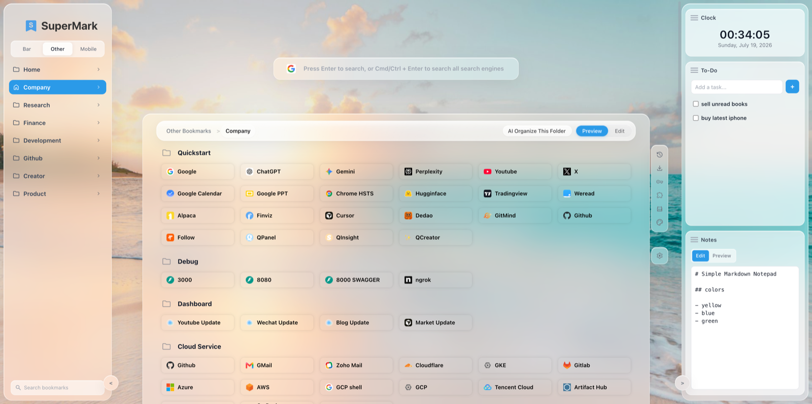 SuperMark new tab showing bookmark folders